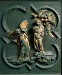 North Gate (kaldet Gate of the Cross, i nord), ydre detalje: "" Kristi fristelse"" Bronzeskulptur lavet af Lorenzo Ghiberti (1378-1455)