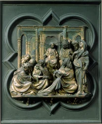 Nordport (kaldet Korset, mod nord), udvendig detalje: Jesus blandt lægerne. Bronzeskulptur lavet af Lorenzo Ghiberti (1378-1455)