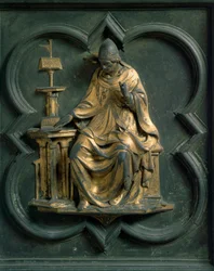 Nordporten (kaldet korsets port, mod nord), udvendig detalje: Sankt Gregoire den Store. Bronzeskulptur udført af Lorenzo Ghiberti (1378-1455)