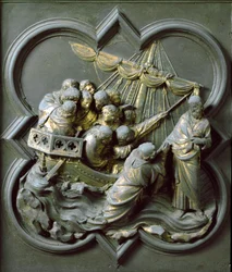 North Gate (kaldet Gate of the Cross, mod nord), ydre detalje: Kristus går på vandet. Bronzeskulptur lavet af Lorenzo Ghiberti (1378-1455)