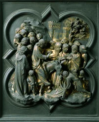 Nordport (kaldet Korsets Port, i nord), udvendig detalje: "" indgangen til Jerusalem"" Bronzeskulptur lavet af Lorenzo Ghiberti (1378-1455)