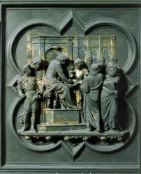 Nordport (kaldet korsets port, i nord), ydre detalje: "Kristus står over for Pontius Pilatus (Pontius Pilatius)" Bronzeskulptur lavet af Lorenzo Ghiberti (1378-1455)