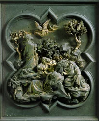 North Gate (kaldet Korsets Port, i nord), ydre detalje: "Kristi bøn i Olivenhaven"" Bronzeskulptur lavet af Lorenzo Ghiberti (1378-1455)