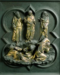 North Porte (kaldet Gate of the Cross, i nord), udvendig detalje: "" Transfigurationen"" Bronzeskulptur lavet af Lorenzo Ghiberti (1378-1455)
