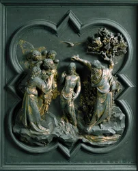 Nordporten (kaldet korsets port i nord), udvendig detalje: "Kristi dåb" Bronzeskulptur udført af Lorenzo Ghiberti (1378-1455)