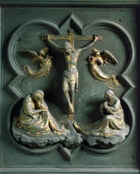 North Porte (kaldet Gate of the Cross, i nord), udvendig detalje: "" korsfæstelsen"" Bronzeskulptur lavet af Lorenzo Ghiberti (1378-1455)