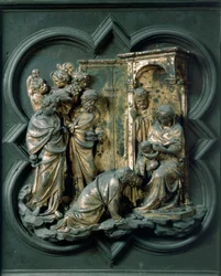 North Porte (kaldet Gate of the Cross, mod nord), udvendig detalje: Adoration of the Magi. Bronzeskulptur lavet af Lorenzo Ghiberti (1378-1455)