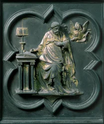 North Porte (kaldet Gate of the Cross, mod nord), udvendig detalje: Sankt Markus. Bronzeskulptur lavet af Lorenzo Ghiberti (1378-1455)