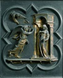 Nordporten (kaldet korsets port, mod nord), udvendig detalje: Bebudelsen. Bronzeskulptur udført af Lorenzo Ghiberti (1378-1455)