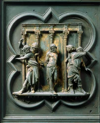 North Porte (kaldet Porte de la Croix, i nord), udvendig detalje: "" la flagellation"" Bronzeskulptur lavet af Lorenzo Ghiberti (1378-1455)