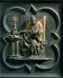 Nordporten (kaldet Porte de la Croix, nord), udvendig detalje: Saint Ambrose. Bronzeskulptur udført af Lorenzo Ghiberti (1378-1455)