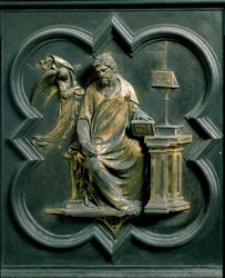 North Porte (kaldet Porte de la Croix, mod nord), udvendig detalje: Saint Mathieu. Bronzeskulptur lavet af Lorenzo Ghiberti (1378-1455)