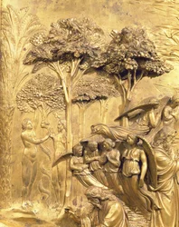 The Story of Adam, detalje af The Temptation of Adam and Eva, fra et af de originale paneler fra Baptistery East Doors, 1425-52 restaurering af forgyldt bronze