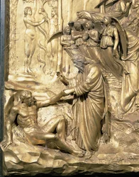 Historien om Adam, detalje af Adams skabelse og Adams og Evas fristelse, fra et af de originale paneler fra dåbskapellets østdøre, 1425-52 restaurering af forgyldt bronzestolpe