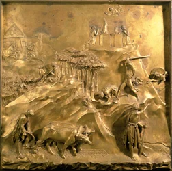 Historien om Kain og Abel: Offeret, mordet på Abel og Guds forvisning af Kain, oprindeligt panel fra baptisteriets østporte, 1425-52 (efter restaurering)