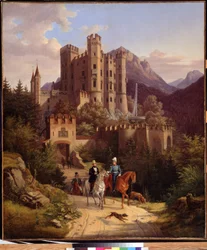 Le prince couronne Maximilien a cheval, Hohenschwangau (Kronprinsen Maximilian rider i Hohenschwangau). Maximilian II af Bayern (1811-1864) foran sit slot Hohenschwangau i Bayern (Tyskland). Maleri af Lorenzo II Quaglio (1793-1869)