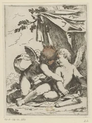 To putti under en teltdug