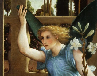 Annoncing Angel, detalje fra bebudelsen, ca 1434, af Lorenzo Lotto (1480-1556), olie på lærred