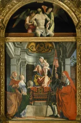 Madonna og hellige af Lorenzo Lotto (ca 1480-1556), olie på lærred
