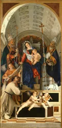 Madonna med barnet og de hellige Dominic, Gregory og Urban, hovedbord af San Domenico altertavle fra Recanati af Lorenzo Lotto (1480 ca-1556), olie på lærred, 227x108 cm