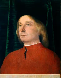Portræt af ung mand i rødt jakkesæt af Lorenzo Lotto (1480 ca. 1556), olie på panel, 40x32 cm