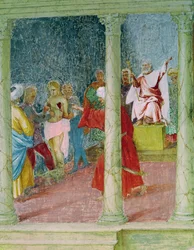 Scener fra den hellige Barbaras liv, detalje af den hellige Barbara foran en dommer, 1523-24