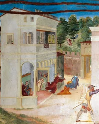 St. Barbara angrebet af sin far, detalje fra Christ-Vine og Legend of Saint Barbara af Lorenzo Lotto (cirka 1480 - 1556), fresco, detalje, Villa Suardi, Capella Suardi, Trescore Balneario