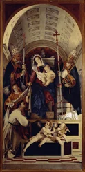 Jomfruen og barnet med Saint Dominica, Saint Gregoire og Saint Urban - Central del af Recanati polyptic (1508, olie på træ)