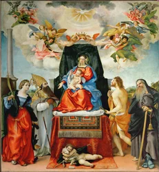 Jomfru og barn med Sankt Katarina af Alexandria, Sankt Augustin, Sankt Johannes Døber, Sankt Sebastian og Sankt Antonius Abbot (maleri på lærred)