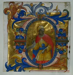 Indledende D[eus in loco] med en profet udskåret fra en gradual, 1409-10.