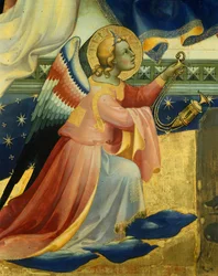Knælende engel, detalje fra centralpanelet af Coronation of Virgin af Lorenzo Monaco (ca. 1370-1425), tempera og guld på panel, 506x447, 5 cm