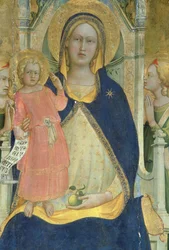 Madonna og barn troner med hellige, detalje viser Madonna og barn, polytykon, 1413