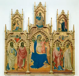 Madonna og Jesusbarnet, helgener; øverst: Bebudelsen (tempera på træ)