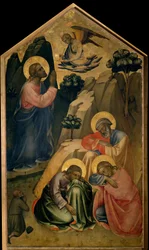 Bøn i Oliehaven Kristus ser i bøn englen, som bærer ham den hellige gral og bekendtgør hans død. Skt. Peters, St. Johannes og St. Jakobs apoters sover. Maleri på træ af Lorenzo Monaco (ca. 1370-ca. 1423/1424) Firenze, Galler