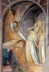 Ærkeenglen Gabriel annoncerer den kommende fødsel af Johannes Døberen til Zakarias, detaljer (Fresco