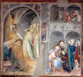 Ærkeenglen Gabriel annoncerer fødslen af Johannes Døberen til Zacharias og Elisabeth (Fresco