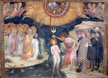 Johannes døberen døber Jesus med en repræsentation af den hellige treenighed (fresko