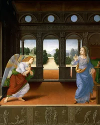 Bebudelsen og tre historier fra Første Mosebog ca. 1480-85 (tempera på træpanel)