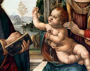 Jomfru med barn og to helgener, den hellige Matthæus og den hellige Hieronymus (Jomfru med barnet og to helgener, den hellige Matthæus og den hellige Hieronymus) Detalje Maleri af Lorenzo di Credi (1459-1537) Firenze, kirken santo Spirito Italien