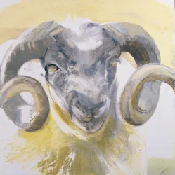 Long Horn Sheep (blandet medier på gesso panel)