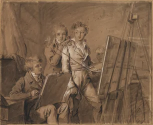 Tre unge kunstnere i et studie