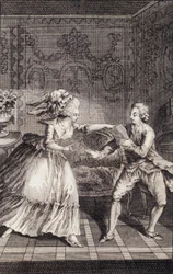 Den subtiliserede bløde billet (libertinage) - i "" Les francaises eller 34 eksempler valgt i de nuværende skikke til at lede døtre, kvinder, hustruer, mødre" af Restif de La Bretonne (1734-1806), ill. af Binet, Neufchatel