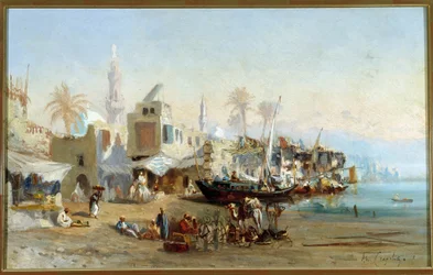 Fiskere og moskeer i havnen Boulack i Egypten Maleri af Amable Louis Crapelet (1822-1867) Søn. 41x64 cm Obligatorisk omtale: Regards de Provence foundation collection, Marseille