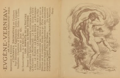 Dansende nøgenfigur og annonce for Eugène Verneaus Estampes décoratives [verso], 1897