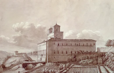 Villa Medici Pincian kukkulalla (Pincio) Roomassa, kirjoittanut Louis-Auguste Boileau (1812-1896), Italia