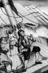 Hvert minut forventede jeg at blive opslugt af gravering efter M. de Sainsons tegning til Daniel Defoes Bog (De foe) "" Robinson Crusoe"" fransk udgave af 1837.