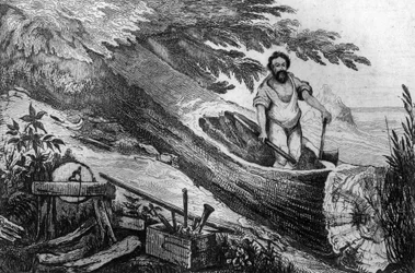 Jeg gravede den uden hjælp fra ildgravering efter M. de Sainsons tegning til Daniel Defoes Bog (De foe) "Robinson Crusoe"" fransk udgave fra 1837.