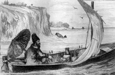 Jeg blev drevet af den nuværende indgravering efter M. de Sainsons tegning til Daniel Defoes Bog (De foe) "Robinson Crusoe"" fransk udgave af 1837.