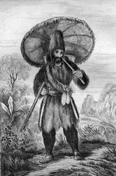 Jeg var iført en hat af høj højde... indgravering efter M. de Sainsons tegning til Daniel Defoes Bog (De foe) "Robinson Crusoe"" fransk udgave af 1837.
