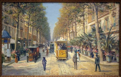 Avenue de la Gare i Nice (nuværende avenue Jean Medecin). Der er en Morris-søjle til venstre. Maleri af Louis Beroud (1852-1930), olie på lærred, fransk kunst, begyndelsen af det 20. århundrede. Musee Massena, Nice.